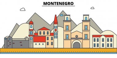 Karadağ. Şehir manzarası: mimari, binalar, sokaklar, siluet, peyzaj, panorama, yerler. Düzenlenebilir vuruş. Düz çizgi vektör çizim tasarım. İzole Icons set