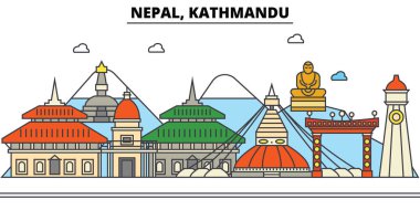Nepal, Katmandu. Şehir manzarası: mimari, binalar, sokaklar, siluet, peyzaj, panorama, yerler. Düzenlenebilir vuruş. Düz çizgi vektör çizim tasarım. İzole Icons set