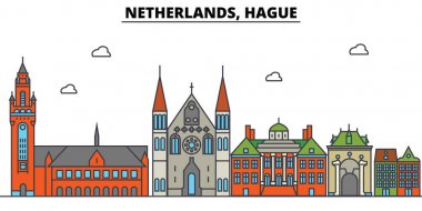 Hollanda, Lahey. Şehir manzarası: mimari, binalar, sokaklar, siluet, peyzaj, panorama, yerler. Düzenlenebilir vuruş. Düz çizgi vektör çizim tasarım. İzole Icons set