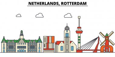 Hollanda, Rotterdam. Şehir manzarası: mimari, binalar, sokaklar, siluet, peyzaj, panorama, yerler. Düzenlenebilir vuruş. Düz çizgi vektör çizim tasarım. İzole Icons set