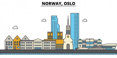 Norveç, Oslo. Şehir manzarası: mimari, binalar, sokaklar, siluet, peyzaj, panorama, yerler. Düzenlenebilir vuruş. Düz çizgi vektör çizim tasarım. İzole Icons set