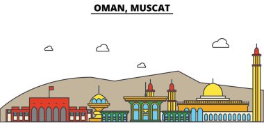 Umman Muscat. Şehir manzarası: mimari, binalar, sokaklar, siluet, peyzaj, panorama, yerler. Düzenlenebilir vuruş. Düz çizgi vektör çizim tasarım. İzole Icons set