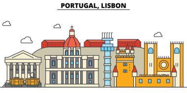 Lizbon, Portekiz. Şehir manzarası: mimari, binalar, sokaklar, siluet, peyzaj, panorama, yerler. Düzenlenebilir vuruş. Düz çizgi vektör çizim tasarım. İzole Icons set