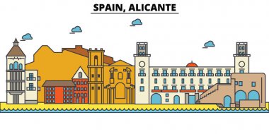 İspanya, Alicante. Şehir manzarası: mimari, binalar, sokaklar, siluet, peyzaj, panorama, yerler. Düzenlenebilir vuruş. Düz çizgi vektör çizim tasarım. İzole Icons set