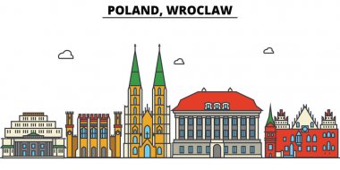 Wroclaw, Polonya. Şehir manzarası: mimari, binalar, sokaklar, siluet, peyzaj, panorama, yerler. Düzenlenebilir vuruş. Düz çizgi vektör çizim tasarım. İzole Icons set