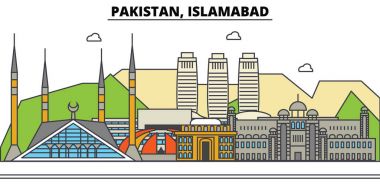 Pakistan Islamabad. Şehir manzarası: mimari, binalar, sokaklar, siluet, peyzaj, panorama, yerler. Düzenlenebilir vuruş. Düz çizgi vektör çizim tasarım. İzole Icons set