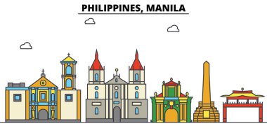 Filipinler, Manila. Şehir manzarası: mimari, binalar, sokaklar, siluet, peyzaj, panorama, yerler. Düzenlenebilir vuruş. Düz çizgi vektör çizim tasarım. İzole Icons set