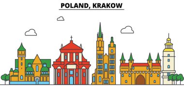 Krakow, Polonya. Şehir manzarası: mimari, binalar, sokaklar, siluet, peyzaj, panorama, yerler. Düzenlenebilir vuruş. Düz çizgi vektör çizim tasarım. İzole Icons set