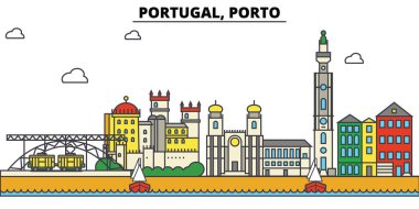 Porto, Portekiz. Şehir manzarası: mimari, binalar, sokaklar, siluet, peyzaj, panorama, yerler. Düzenlenebilir vuruş. Düz çizgi vektör çizim tasarım. İzole Icons set
