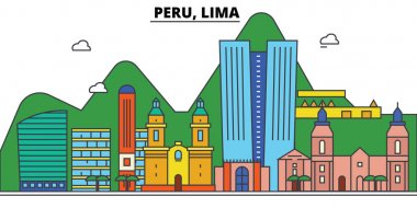 Peru, Lima. Şehir manzarası: mimari, binalar, sokaklar, siluet, peyzaj, panorama, yerler. Düzenlenebilir vuruş. Düz çizgi vektör çizim tasarım. İzole Icons set