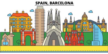 İspanya, Barcelona. Şehir manzarası: mimari, binalar, sokaklar, siluet, peyzaj, panorama, yerler. Düzenlenebilir vuruş. Düz çizgi vektör çizim tasarım. İzole Icons set