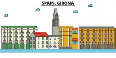 İspanya, Girona. Şehir manzarası: mimari, binalar, sokaklar, siluet, peyzaj, panorama, yerler. Düzenlenebilir vuruş. Düz çizgi vektör çizim tasarım. İzole Icons set
