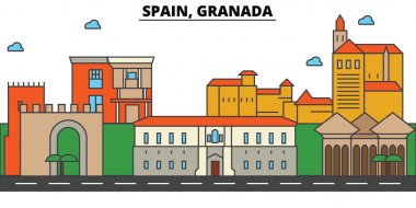 İspanya, Granada. Şehir manzarası: mimari, binalar, sokaklar, siluet, peyzaj, panorama, yerler. Düzenlenebilir vuruş. Düz çizgi vektör çizim tasarım. İzole Icons set