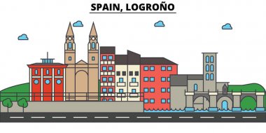 İspanya, Logroño. Şehir manzarası: mimari, binalar, sokaklar, siluet, peyzaj, panorama, yerler. Düzenlenebilir vuruş. Düz çizgi vektör çizim tasarım. İzole simgeler