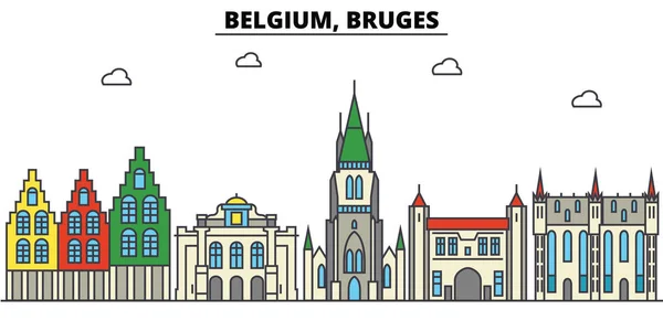 Belgio, Bruges. skyline della città: architettura, edifici, strade, silhouette, paesaggio, panorama, punti di riferimento. Ictus modificabili. Concetto di illustrazione vettoriale della linea di progettazione piatta. Set di icone isolate — Vettoriale Stock