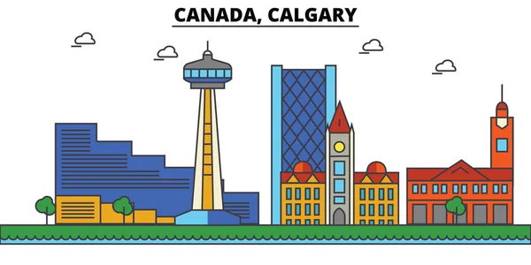 Canada, Calgary. skyline della città: architettura, edifici, strade, silhouette, paesaggio, panorama, punti di riferimento. Ictus modificabili. Concetto di illustrazione vettoriale della linea di progettazione piatta. Set di icone isolate — Vettoriale Stock