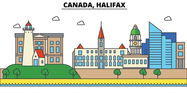 Canadá, Halifax. skyline da cidade: arquitetura, edifícios, ruas, silhueta, paisagem, panorama, marcos. Traços editáveis. Conceito de ilustração vetorial de linha de projeto plano. Conjunto de ícones isolados — Vetor de Stock