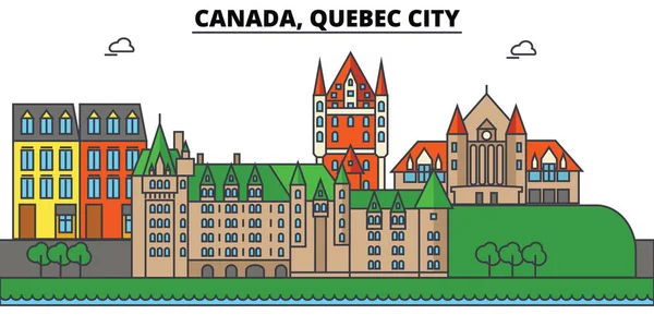 Canada, Quebec City. skyline della città: architettura, edifici, strade, silhouette, paesaggio, panorama, punti di riferimento. Ictus modificabili. Concetto di illustrazione vettoriale della linea di progettazione piatta. Set di icone isolate — Vettoriale Stock