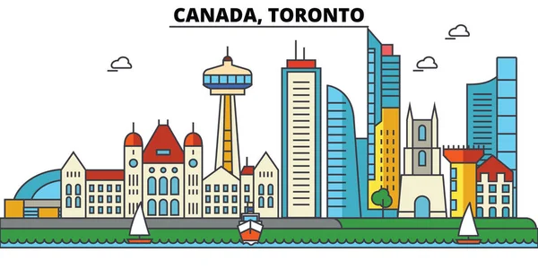 Canada, Toronto. skyline della città: architettura, edifici, strade, silhouette, paesaggio, panorama, punti di riferimento. Ictus modificabili. Concetto di illustrazione vettoriale della linea di progettazione piatta. Set di icone isolate — Vettoriale Stock