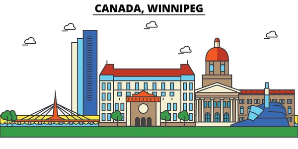 Canadá, Winnipeg. skyline da cidade: arquitetura, edifícios, ruas, silhueta, paisagem, panorama, marcos. Traços editáveis. Conceito de ilustração vetorial de linha de projeto plano. Conjunto de ícones isolados — Vetor de Stock