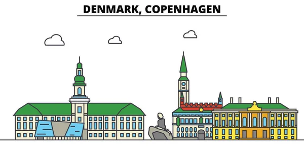 Danimarca, Copenaghen. skyline della città: architettura, edifici, strade, silhouette, paesaggio, panorama, punti di riferimento. Ictus modificabili. Concetto di illustrazione vettoriale della linea di progettazione piatta. Set di icone isolate — Vettoriale Stock