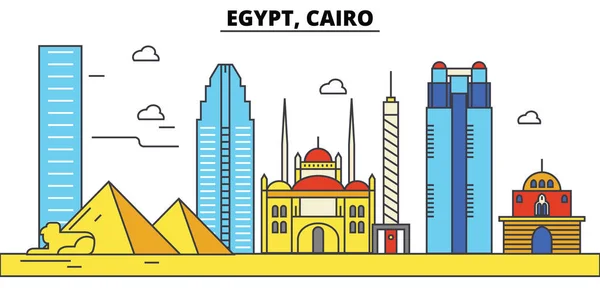 이집트, 카이로 도시 스카이 라인: 건축, 건물, 거리, 실루엣, 풍경, 파노라마, 랜드마크. 편집 가능한 스트로크입니다. 평면 디자인 라인 벡터 일러스트 레이 션 개념입니다. 격리 된 아이콘 세트 — 스톡 벡터