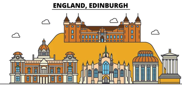 Inglaterra, Edimburgo. skyline da cidade: arquitetura, edifícios, ruas, silhueta, paisagem, panorama, marcos. Traços editáveis. Conceito de ilustração vetorial de linha de projeto plano. Conjunto de ícones isolados — Vetor de Stock