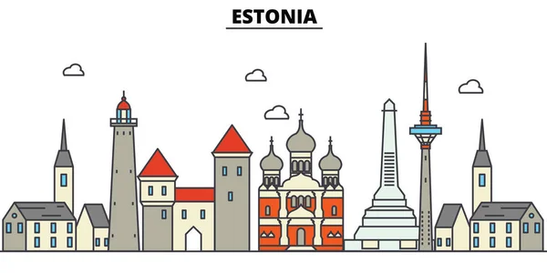 Estonsko, Talin. Panorama města: architektura, budovy, ulice, silueta, krajina, panorama, zajímavosti. Upravitelné tahy. Plochý design vyvázání vektorové ilustrace. Izolované ikony nastavit — Stockový vektor