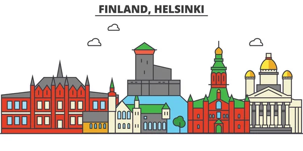 芬兰，赫尔辛基。城市天际线： 体系结构、 建筑物、 街道、 剪影、 风景、 全景、 地标。可编辑的笔画。平面设计线矢量图的概念。孤立的图标集 — 图库矢量图片