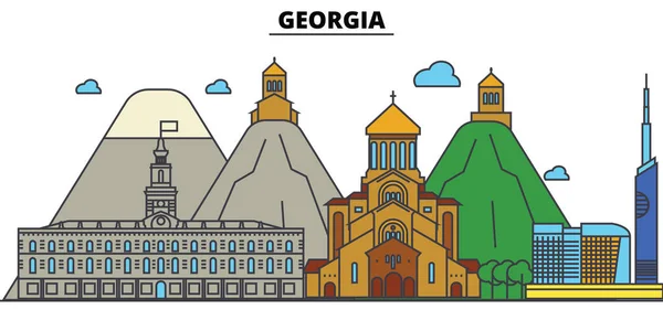 Georgia, Tiflis. Ciudad skyline: arquitectura, edificios, calles, silueta, paisaje, panorama, monumentos. Golpes editables. Diseño plano línea vector concepto de ilustración. Conjunto de iconos aislados — Vector de stock