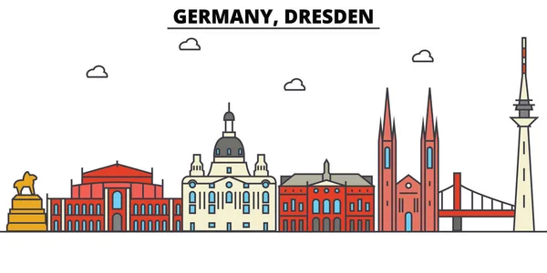 德国德累斯顿。城市天际线： 体系结构、 建筑物、 街道、 剪影、 风景、 全景、 地标。可编辑的笔画。平面设计线矢量图的概念。孤立的图标集 — 图库矢量图片