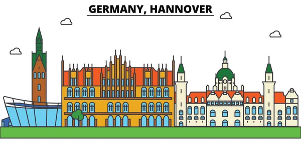 Německo, Hannover. Panorama města: architektura, budovy, ulice, silueta, krajina, panorama, zajímavosti. Upravitelné tahy. Plochý design vyvázání vektorové ilustrace. Izolované ikony nastavit — Stockový vektor