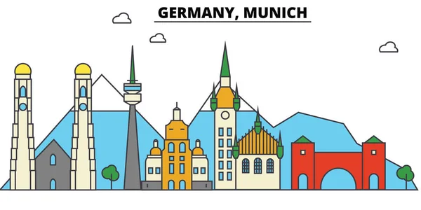 Münih, Almanya. Şehir manzarası: mimari, binalar, sokaklar, siluet, peyzaj, panorama, yerler. Düzenlenebilir vuruş. Düz çizgi vektör çizim tasarım. İzole Icons set — Stok Vektör