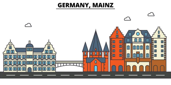 Alemania, Maguncia. Ciudad skyline: arquitectura, edificios, calles, silueta, paisaje, panorama, monumentos. Golpes editables. Diseño plano línea vector concepto de ilustración. Conjunto de iconos aislados — Vector de stock