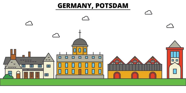 ドイツ、ポツダム。街のスカイライン: 建築、建物、通り、シルエット、風景、パノラマ、ランドマーク。編集可能なストローク。フラットなデザイン ラインのベクトル図の概念。孤立したアイコン セット — ストックベクタ