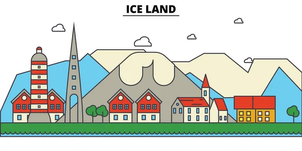 Hielo, Tierra. Ciudad skyline: arquitectura, edificios, calles, silueta, paisaje, panorama, monumentos. Golpes editables. Diseño plano línea vector concepto de ilustración. Conjunto de iconos aislados — Vector de stock