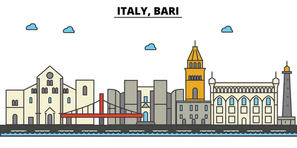 意大利的巴里。城市天际线： 体系结构、 建筑物、 街道、 剪影、 风景、 全景、 地标。可编辑的笔画。平面设计线矢量图的概念。孤立的图标集 — 图库矢量图片
