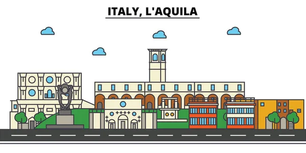 意大利的 Laquila。城市天际线： 体系结构、 建筑物、 街道、 剪影、 风景、 全景、 地标。可编辑的笔画。平面设计线矢量图的概念。孤立的图标集 — 图库矢量图片