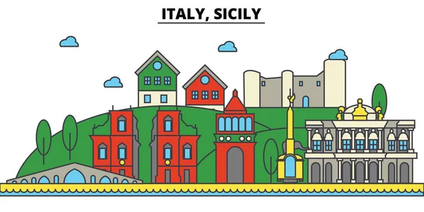 İtalya, Sicilya. Şehir manzarası: mimari, binalar, sokaklar, siluet, peyzaj, panorama, yerler. Düzenlenebilir vuruş. Düz çizgi vektör çizim tasarım. İzole Icons set — Stok Vektör