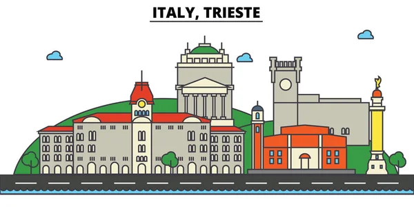 이탈리아, 트리에스테입니다. 도시 스카이 라인: 건축, 건물, 거리, 실루엣, 풍경, 파노라마, 랜드마크. 편집 가능한 스트로크입니다. 평면 디자인 라인 벡터 일러스트 레이 션 개념입니다. 격리 된 아이콘 세트 — 스톡 벡터