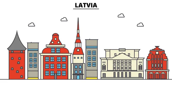 Letónia,. skyline da cidade: arquitetura, edifícios, ruas, silhueta, paisagem, panorama, marcos. Traços editáveis. Conceito de ilustração vetorial de linha de projeto plano. Conjunto de ícones isolados — Vetor de Stock