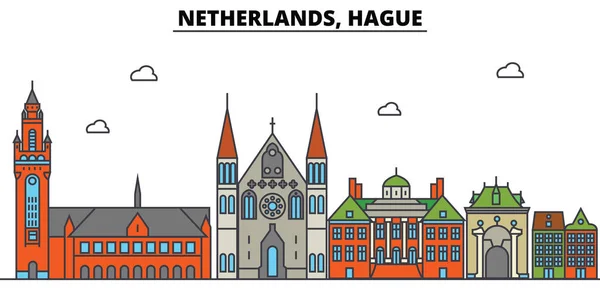 Niederlande, Haag. Stadtsilhouette: Architektur, Gebäude, Straßen, Silhouette, Landschaft, Panorama, Wahrzeichen. editierbare Striche. flache Design Line Vektor Illustrationskonzept. Ikonen gesetzt — Stockvektor