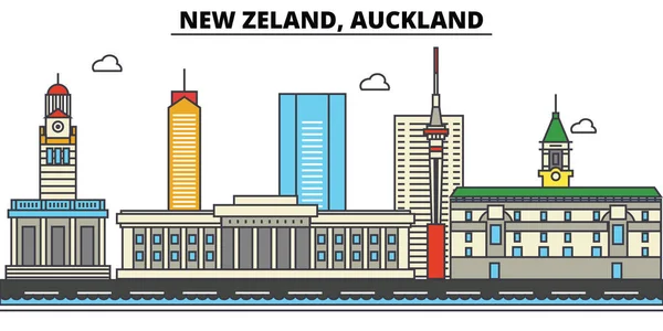 Nueva Zelanda, Auckland. Ciudad skyline: arquitectura, edificios, calles, silueta, paisaje, panorama, monumentos. Golpes editables. Diseño plano línea vector concepto de ilustración. Iconos aislados — Vector de stock
