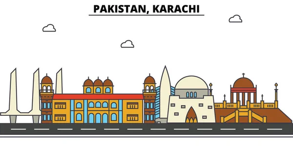 Πακιστάν, Karachi. Ορίζοντα της πόλης: αρχιτεκτονική, κτήρια, δρόμους, σιλουέτα, τοπίο, Πανόραμα, σημεία ενδιαφέροντος. Επεξεργάσιμη εγκεφαλικά επεισόδια. Επίπεδη σχεδίαση γραμμής διανυσματικά εικονογράφηση έννοια. Μεμονωμένες εικόνες set — Διανυσματικό Αρχείο