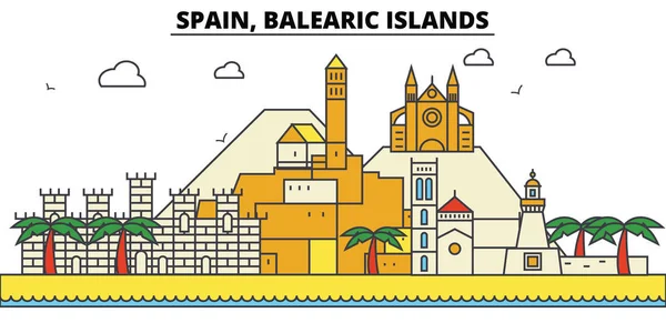 İspanya, Balearis Adaları. Şehir manzarası: mimari, binalar, sokaklar, siluet, peyzaj, panorama, yerler. Düzenlenebilir vuruş. Düz çizgi vektör çizim tasarım. İzole Icons set