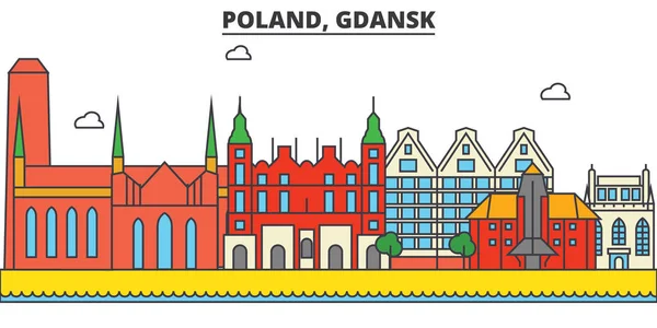 Polonia, Gdansk. Ciudad skyline: arquitectura, edificios, calles, silueta, paisaje, panorama, monumentos. Golpes editables. Diseño plano línea vector concepto de ilustración. Conjunto de iconos aislados — Archivo Imágenes Vectoriales