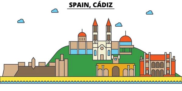 İspanya, Cadiz. Şehir manzarası: mimari, binalar, sokaklar, siluet, peyzaj, panorama, yerler. Düzenlenebilir vuruş. Düz çizgi vektör çizim tasarım. İzole Icons set — Stok Vektör