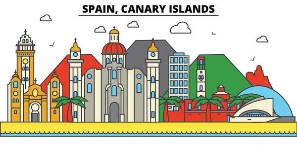 España, Islas Canarias. Ciudad skyline: arquitectura, edificios, calles, silueta, paisaje, panorama, monumentos. Golpes editables. Diseño plano línea vector concepto de ilustración. Conjunto de iconos aislados — Vector de stock