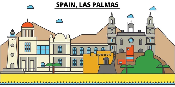 Španělsko, Las Palmas. Panorama města: architektura, budovy, ulice, silueta, krajina, panorama, zajímavosti. Upravitelné tahy. Plochý design vyvázání vektorové ilustrace. Izolované ikony nastavit — Stockový vektor