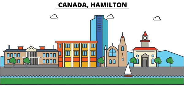 Canadá, Hamilton. Ciudad skyline: arquitectura, edificios, calles, silueta, paisaje, panorama, monumentos. Golpes editables. Diseño plano línea vector concepto de ilustración. Conjunto de iconos aislados — Vector de stock